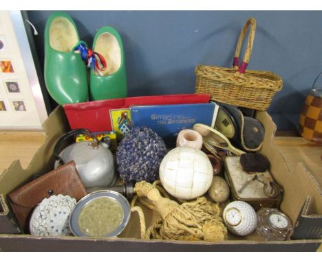 A box of collectables to include onyx, horn handlded copper pan, palmistry print, clogs etc