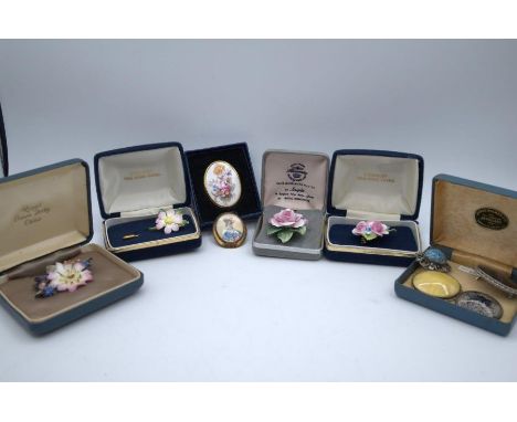 Selection of bone china brooch's, 2 coal port, 2 Royal Worcester and crown derby also a collection of Marcasite jewel brooch'