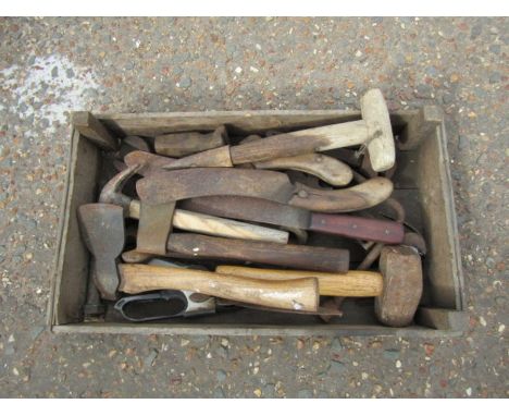 Box of tools including lump hammer and axe etc 