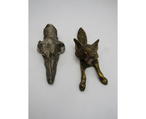 Brass fox door knocker and a greyhound memo holder