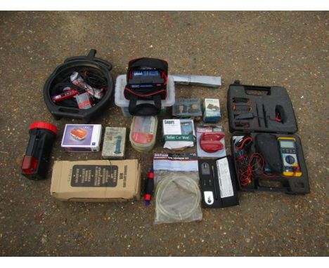 Car lot including Sealey 12v Roadstart compact jump starter, disposable car seat covers and Sealey auto probe.