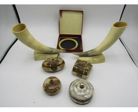 Bovine horns, a bone bangle and 3 trinket pots with bone and mother of pearl detail