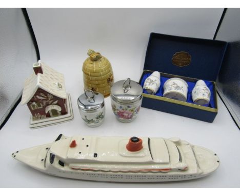 Carltonware boat, house, Coalport boxed set, egg coddlers etc
