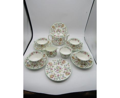 Minton Haddon Hall pert tea set comprising 4 cups and saucers, 2 sandwich plates, teapot, milk jug and sugar bowl 