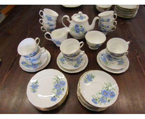 Queen Anne cornflower design tea set comprising 10 cups, 12 saucers, 10 sandwich plates, teapot, milk jug and sugar bowl