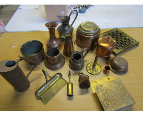 Large metalware collection to include companion set, meat roaster, letter rack, lamp base etc