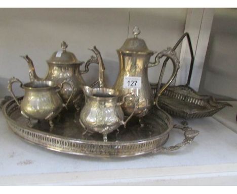 2 silver plate trays and a silver plated tea service
