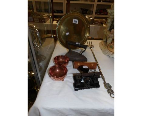 A brass tray, brass toasting fork and other items