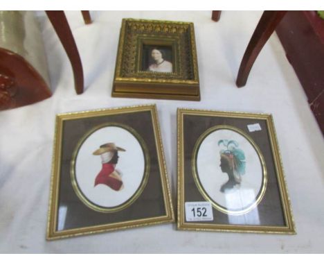 2 framed and glazed silhouettes and a framed and glazed miniature portrait