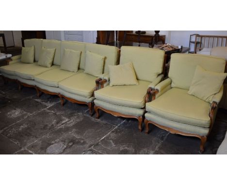 Large French walnut sofa (Length 250cm) &amp; two armchairs all with cushion seating &amp; an open armchair