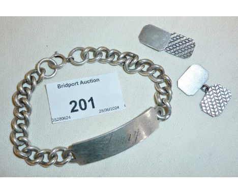 Silver ID bracelet and pair of cufflinks. Approx. total weight 40g.