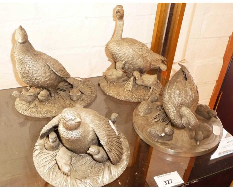 1970's/80's Franklin Mint heavy pewter bird groups:- Quail Time, Mallard Time, Gosling Time and Grouse Time by Robert K. Davi