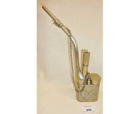 Chinese white metal opium pipe engraved with vases and birds, having character marks under, approx. 26cm high