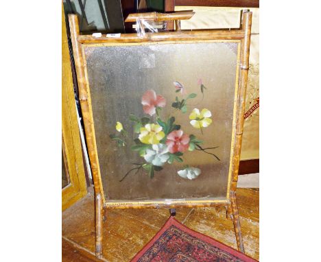 Victorian bamboo and painted glass firescreen