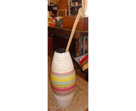 Contemporary paper covered and decorated floor vase and a rustic knobkerrie type walking stick