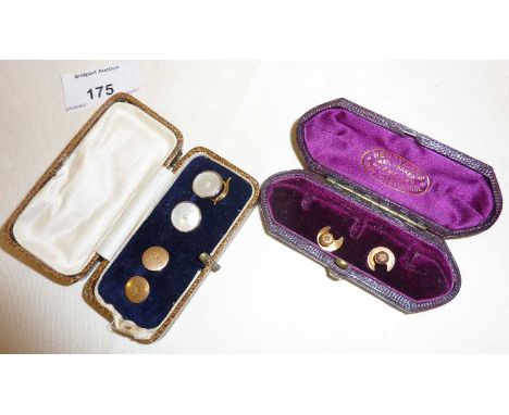 Two pairs of 15ct gold studs, and a pair of mother of pearl 18ct gold buttons with 9ct shanks - in cases