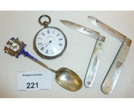 Mother of pearl and hallmarked silver fruit knives, silver cased pocket watch and an enamelled silver LIVERPOOL spoon