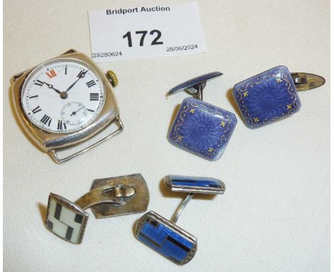 Sterling silver cased watch and enamel and 925 silver cufflinks by David Andersen of Norway
