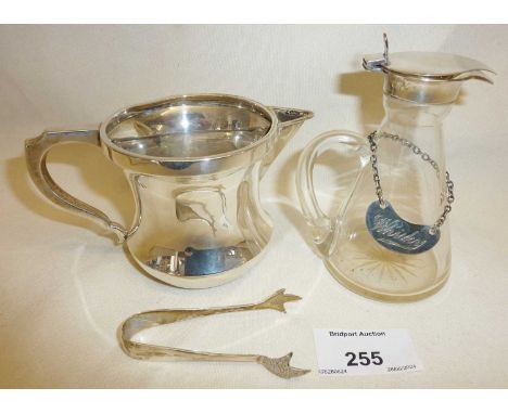 Silver jug, sugar tongs, "Whisky" decanter label and silver lidded flask - all hallmarked