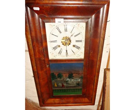 19th c. American wall clock by E.N. Welch of Connecticut having colour print of Iodine Springs to door