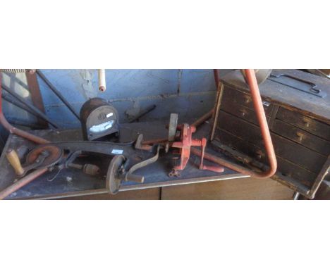 Old Bench hand-drill, similar grindstone, an engineer's tool chest of drawers and an ammeter