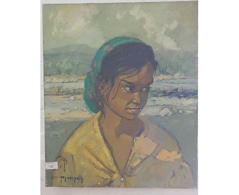 An oil portrait on canvas of a young native girl by Eduardo PLANCHAIS, signed lower left, 21.5" x 18"