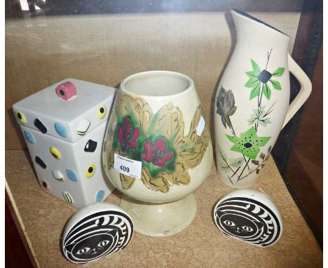 Carltonware 'cats' salt and pepper pots, Beswick ware 'goblet' vase, a novelty Sweetie jar and a 1930's Ellgreave jug