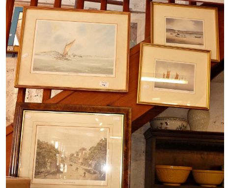Three various limited edition coloured prints of marine scenes by Peter Toms and a colour print of old Dorchester