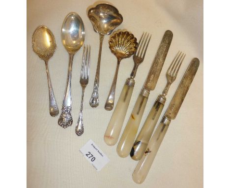 Silver cutlery, inc. agate handled knives and forks, sugar sifter, fancy sauce ladle, etc. All hallmarked, or marked as STERL