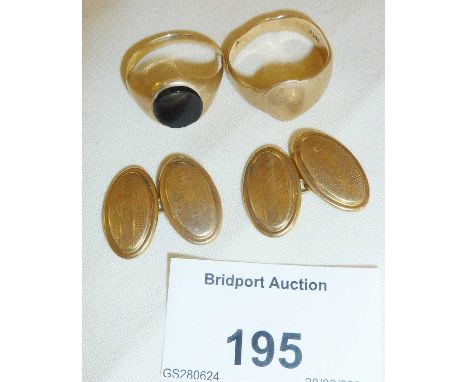 Pair of 9ct gold cufflinks and two 9ct signet rings (onyx ring scrap). Total weight approx. 9g.