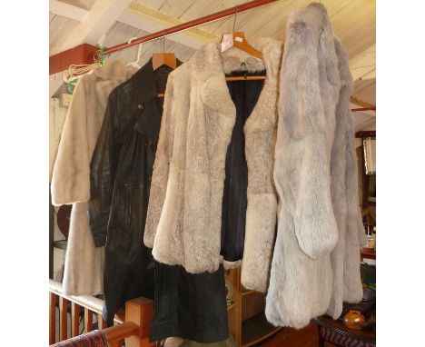 Vintage clothing: two ladies fur jackets, a black leather overcoat and a simulated fur coat by Tissavel of France