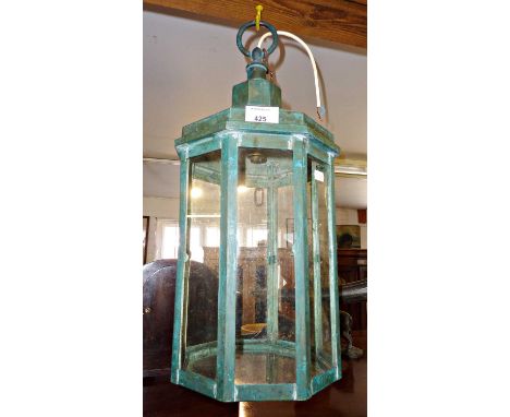 Green patinated copper porch lantern with electric fitting, approx. 52cm high