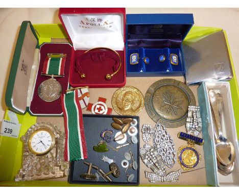Women's Voluntary Service Medal, Halcyon Days enamel and silver gilt cufflinks, other cufflinks, brooches and jewellery, etc.