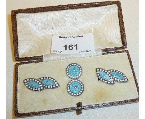Vintage David Andersen of Norway cased set of blue and white enamel sterling silver cufflinks and studs