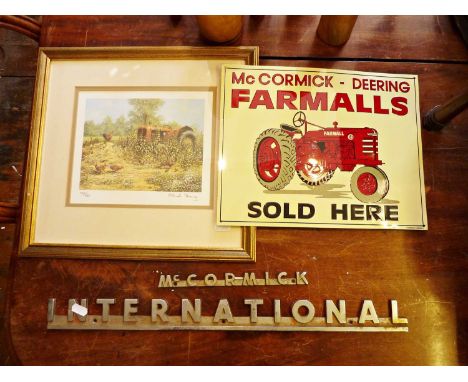 Two vintage chrome tractor nameplates "International" and "McCormick", a Michael Herring print of a tractor and a reproductio