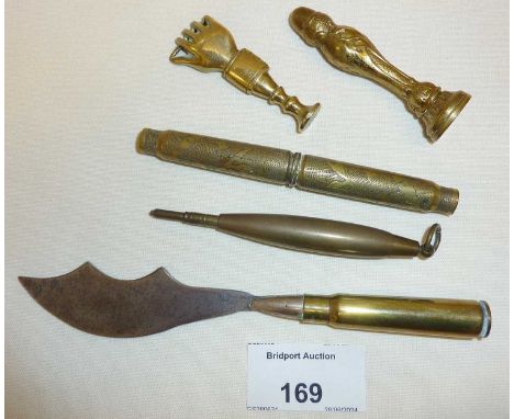 Trench Art bullet letter opener, brass hand pipe tamper, brass propelling pencil, etc.