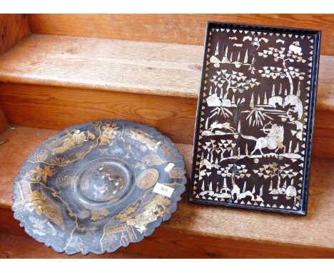Victorian lacquer papier mache dish with Japanese figures decoration and an Indian wooden tray with mother of pearl decoratio