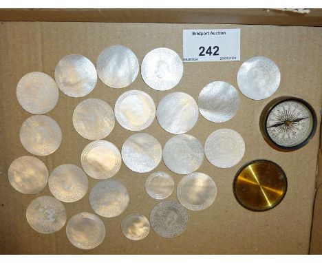 Collection of Chinese engraved mother of pearl gaming counters and an old compass
