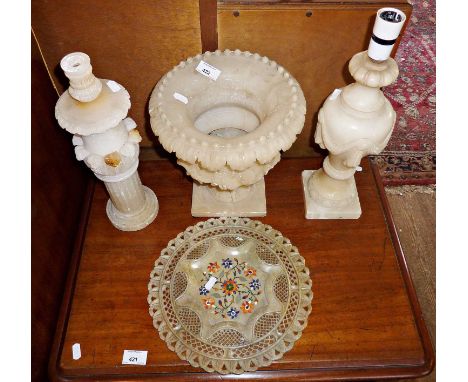 Carved alabaster lamp bases, an urn for planter and a pietra dura style inlaid and carved stone platter