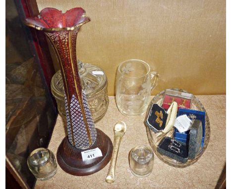 Bohemian glass trumpet vase with other glass and 3 sets of cufflinks, etc.