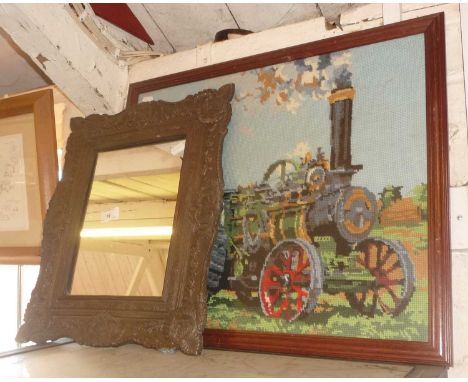 Embossed metal framed wall mirror, a tapestry of a steam engine and a print after A.A. Milne of Winnie the Pooh's land