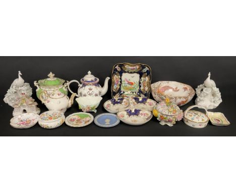A Coalbrookdale by Coalport circular box and cover, painted and encrusted with flowers and foliage, 10cm high; a Booths shape