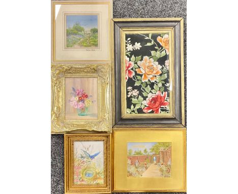 A 19th century porcelain rectangular panel, painted with a bird and nest amongst blossom, 23cm x 16cm; an Edwardian needlewor