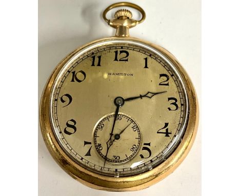 A 1920s Hamilton gold-plated open face pocket watch, brushed silver dial, black Arabic numerals, subsidiary seconds, blued st