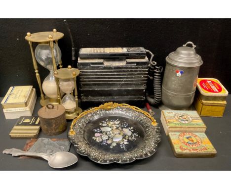 Boxes and Objects- A 19th century papier mache tray plate with mother of pearl floral inlay, 26cm diameter; other items, incl