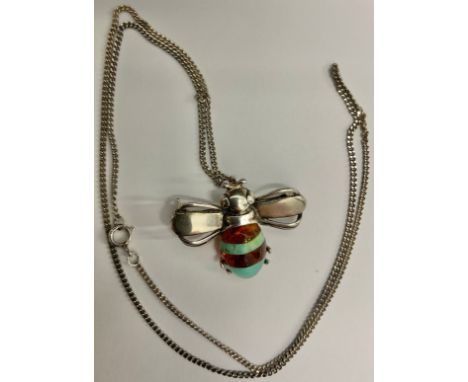 Tested Silver Amber and Turquoise Bee Pendant with fine Sterling Silver Chain, The Amber and Turquoise Bee Pendant also funct