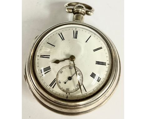 A Victorian silver pair case pocket watch, white enamel dail, Roman numerals, subsidiary seconds, fusee movement signed John 