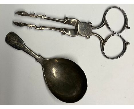 A pair of George II silver sugar tongs, scalloped bowls, scrolling handles, Gabriel Sleath, London c.1750;  George III caddy 