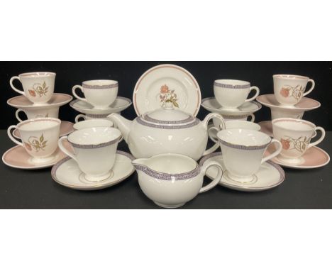 A Wedgwood Palatia tea service for six, comprising tea pot, cups, saucers, cream jug, etc; another, Susie Cooper pattern for 