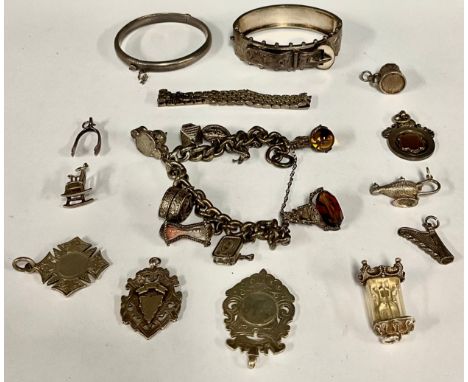 A silver coloured metal charm bracelet, suspending nine charms, other loose charms, inc Heart, Bull, oil lamp, harp, wishbone
